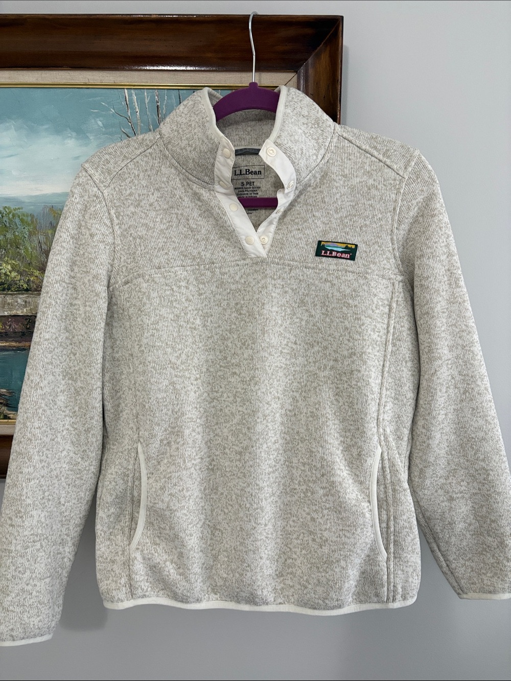 Women’s L.L.Bean beige sweater fleece pullover quarter snap button size Small P